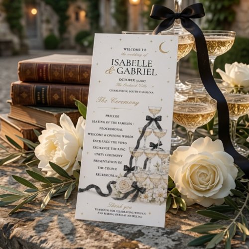 Black Bow Champagne Tower Wedding Program