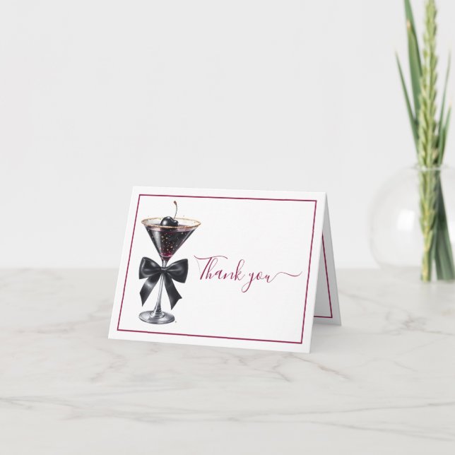 Black Bow Cherry Cocktail Martini Thank You Card (Front)