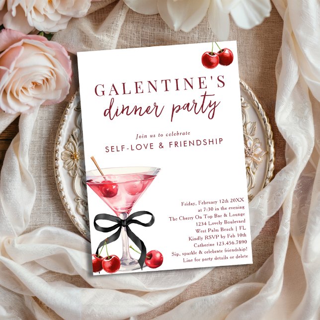 Black Bow Cherry Martini Galentines Dinner Party Invitation (Creator Uploaded)