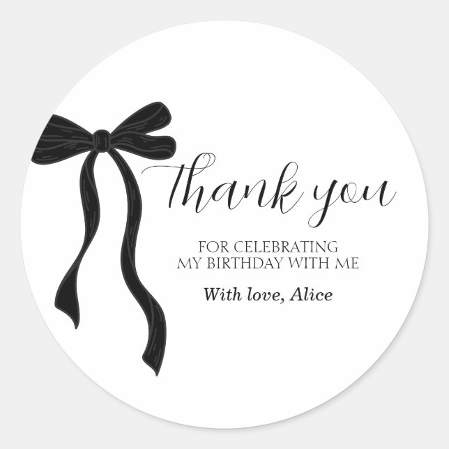 Black Bow Coquette Birthday Thank You Classic Roun Classic Round Sticker (Front)