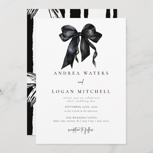 Black Bow | Coquette | Minimal Black White Wedding Invitation (Front/Back)