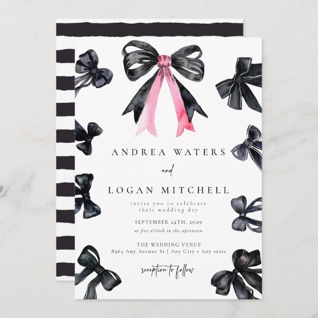Black Bow | Coquette | Minimal Black White Wedding Invitation (Front/Back)