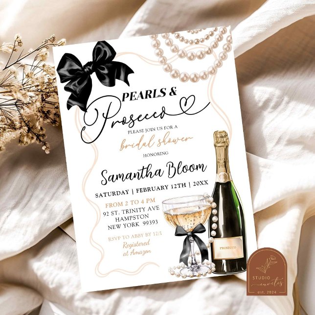 Black Bow Coquette Pearls and Prosecco Invitation (Creator Uploaded)