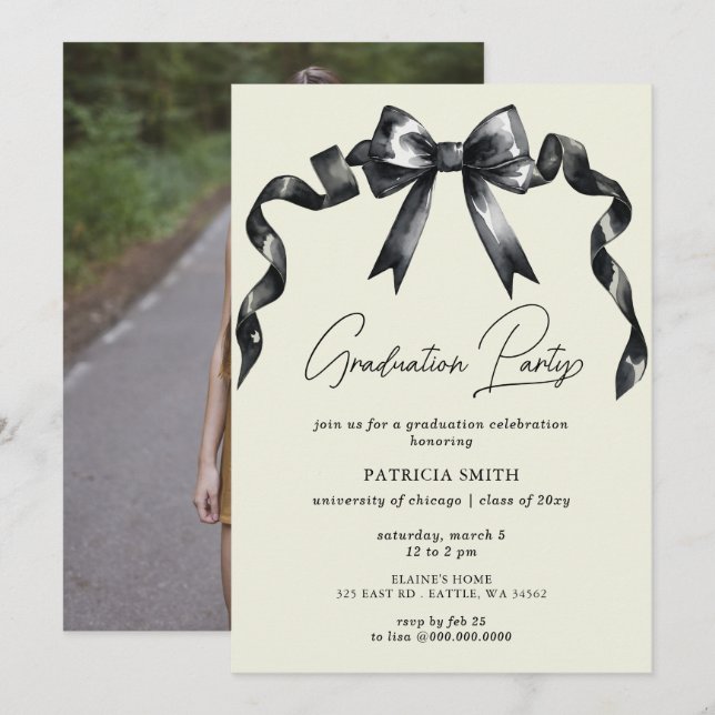 Black Bow Coquette Photo Graduation Party Invitation (Front/Back)