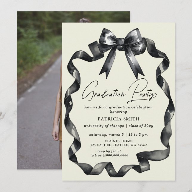 Black Bow Coquette Photo Graduation Party Invitation (Front/Back)