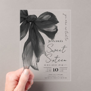 Black Bow Coquette Script Sweet 16 Party Acrylic Invitations