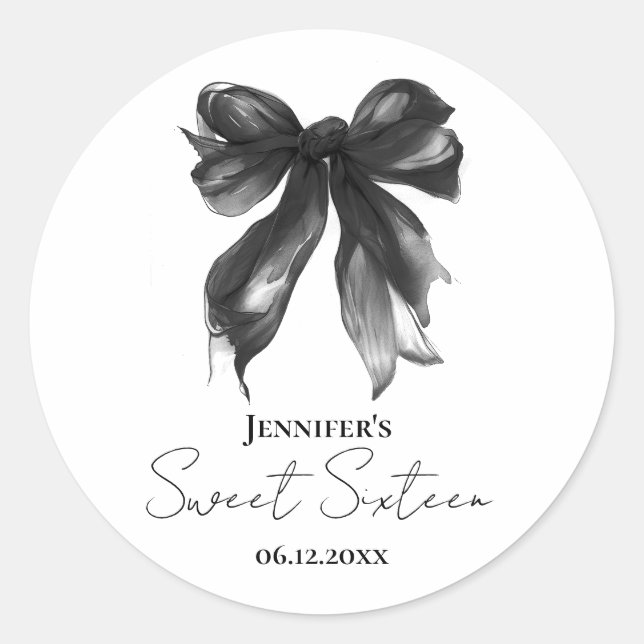 Black Bow Coquette Script Sweet 16 Party Classic Round Sticker (Front)