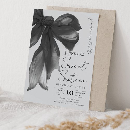 Black Bow Coquette Script Sweet 16 Party Gray 