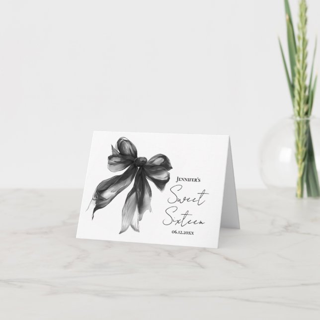 Black Bow Coquette Script Sweet 16 Thank You  (Front)