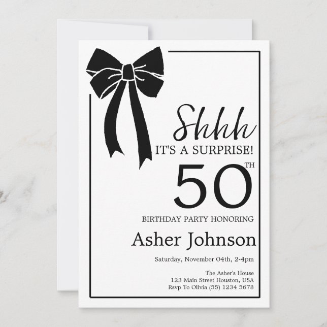 Black Bow Coquette Surprise 50th Birthday Party  Invitation (Front)