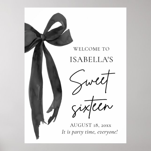 Black Bow Coquette Sweet 16 Birthday Welcome Poster (Front)