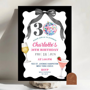 Black Bow Disco Ball Cocktail Thirtieth Birthday Invitation