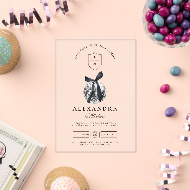 Black Bow Disco Ball Graduation Party  Acrylic Invitations (Insitu (Celebration))