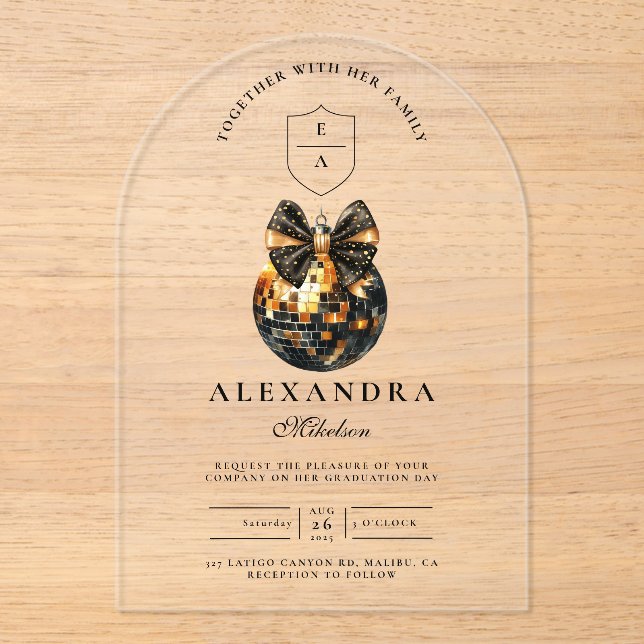 Black Bow Disco Ball Graduation Party  Acrylic Invitations (Front)
