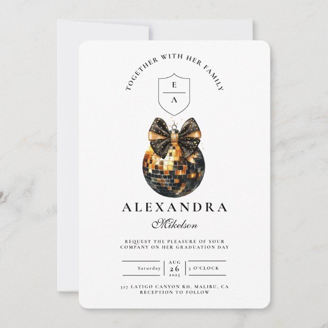Black Bow Disco Ball Graduation Party  Invitation (Front)