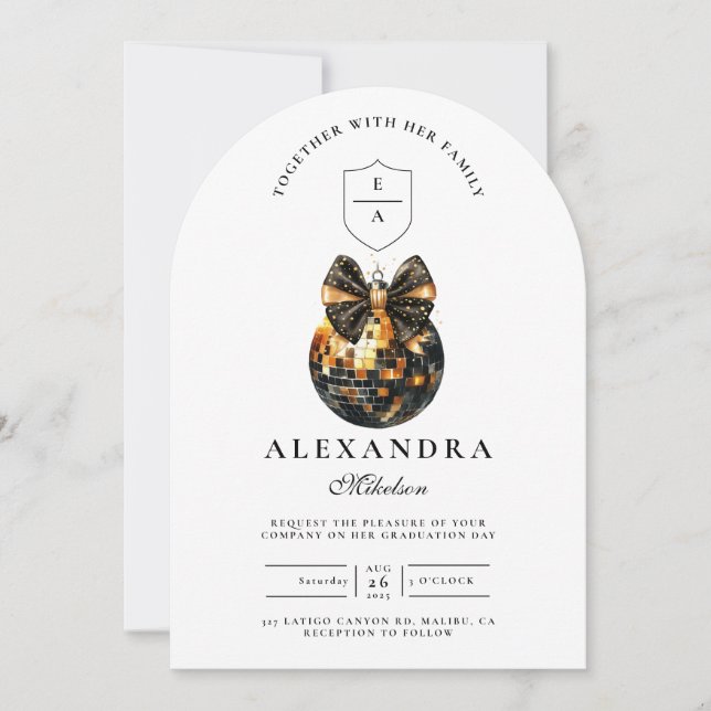 Black Bow Disco Ball Graduation Party  Invitation (Front)