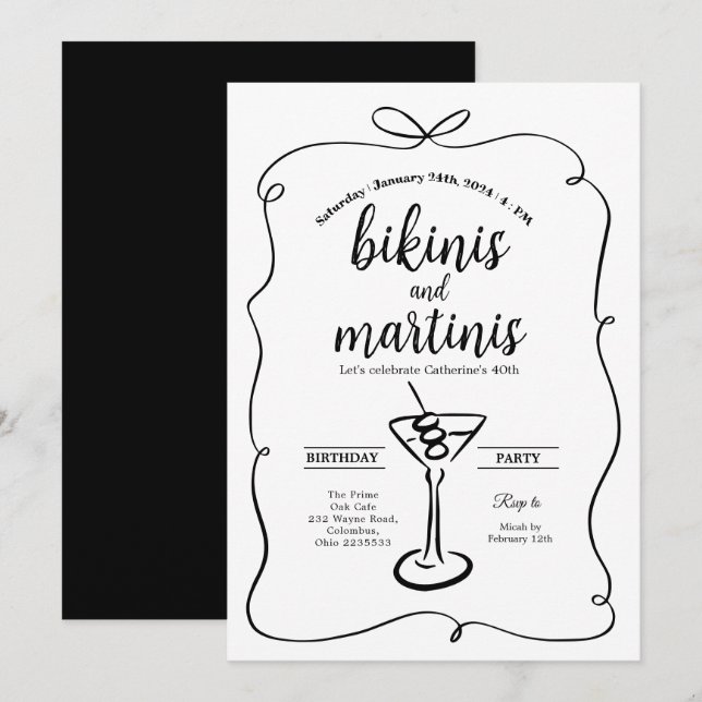 Black Bow Elegant Bikinis and Martinis Birthday Invitation (Front/Back)