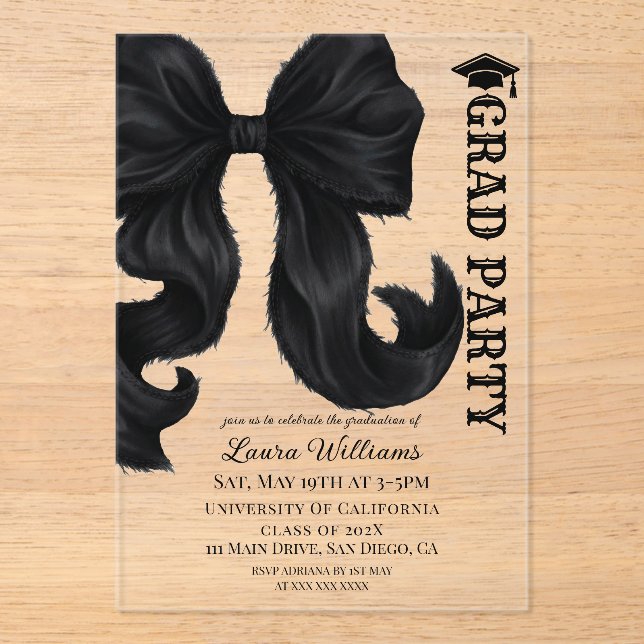 Black Bow Elegant Modern Graduation Acrylic Invitations (Front)