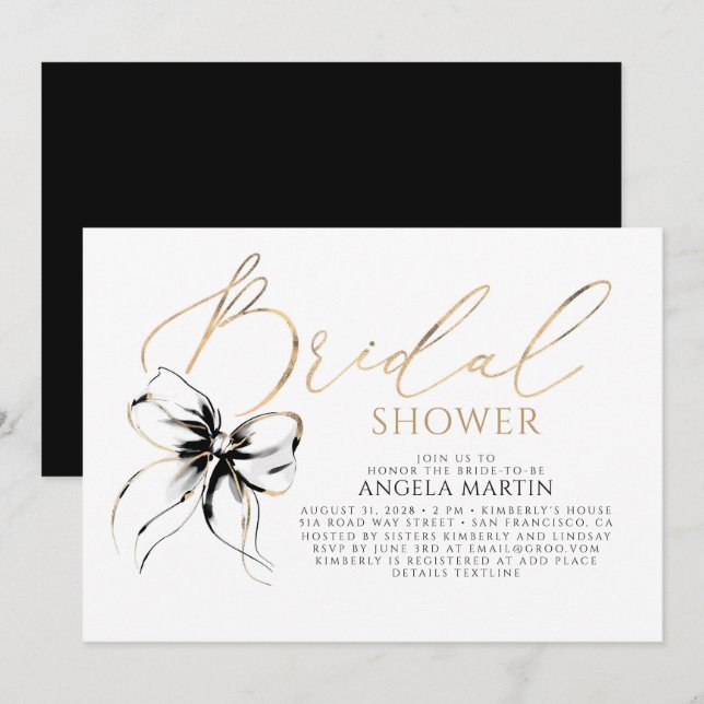 Black Bow Elegant Romantic Modern Bridal Shower Invitation (Front/Back)