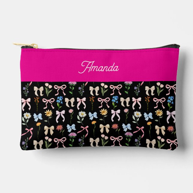 Black Bow Floral Elegant Grace Trendy Accessory Pouch (Front)