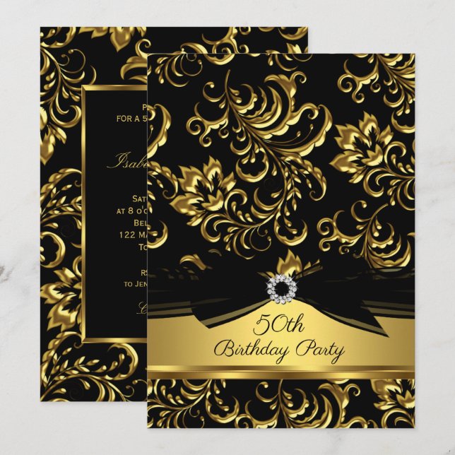Black bow Gold Damask 50th birthday party Invitation (Front/Back)