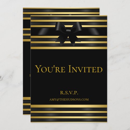 Black Bow Gold Stripes New Years Eve Invitation