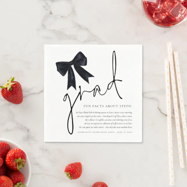 Bow For Graduation Script Black Bow Grad Script Fun Facts Graduation Party Napkins | Zazzle