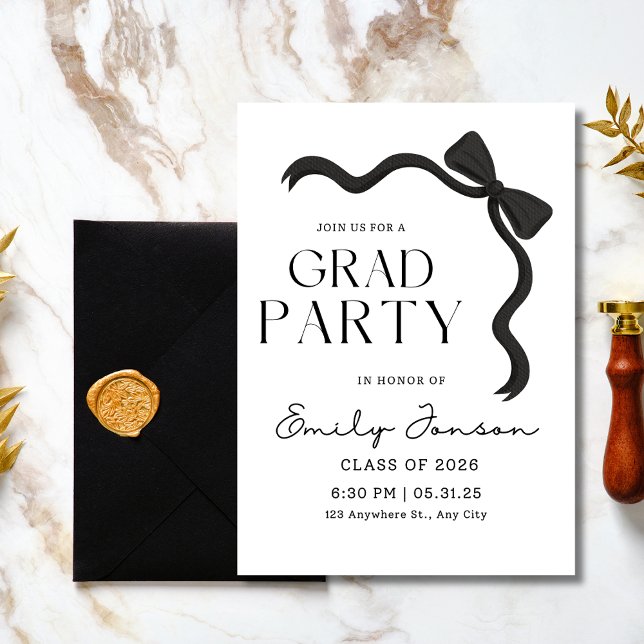 Black Bow Graduation Party Elegant Modern Grad  Invitation (Creator Uploaded)