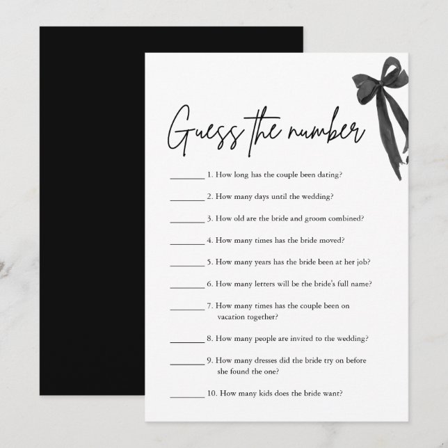 Black Bow Guess the Number Bridal Shower Game Invitation (Front/Back)