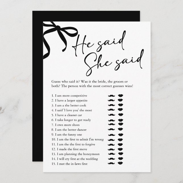 Black Bow He Said She Said Bridal Shower Game Invitation (Front/Back)
