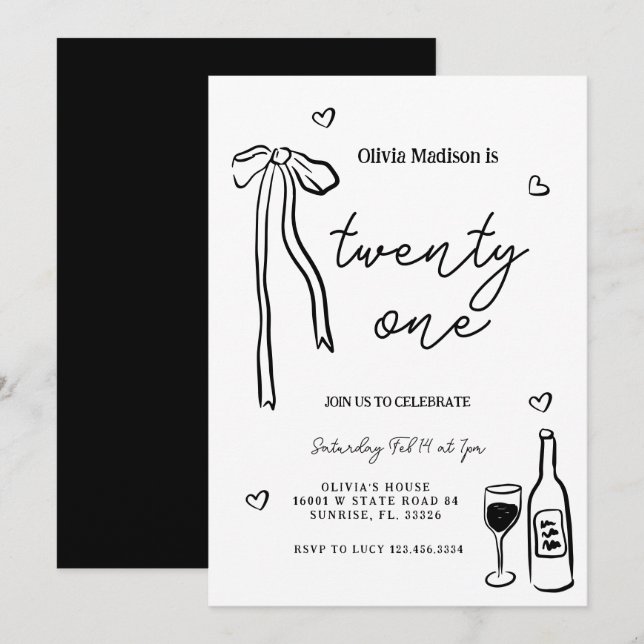 Black Bow Minimalist 21st Birthday Party Invitation (Front/Back)
