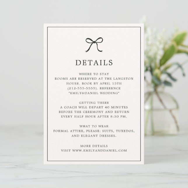 Black Bow Minimalist Elegant Details Card (Standing Front)