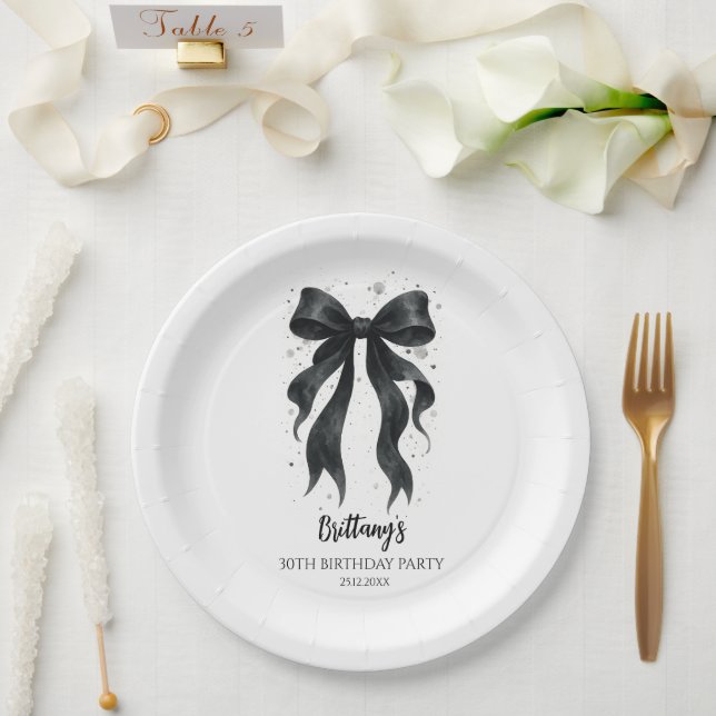 Black Bow Modern 30th Birthday  Paper Plates (Wedding)