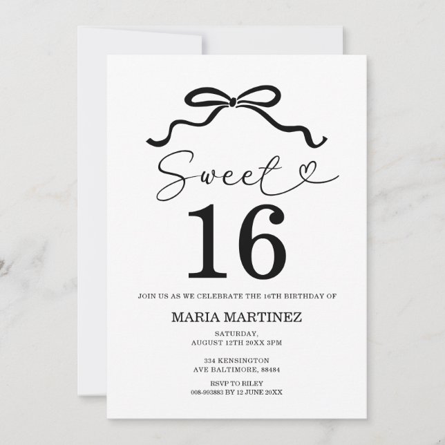 Black Bow Modern Minimalist Sweet 16 Birthday Invitation (Front)