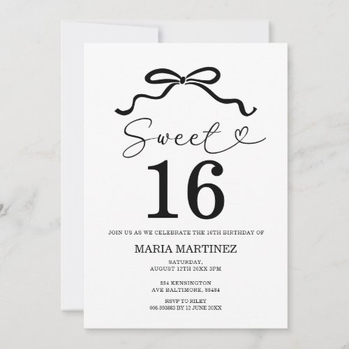 Black Bow Modern Minimalist Sweet 16 Birthday Invitation