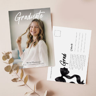Black Bow Modern Photo Graduation Announcement Postcard