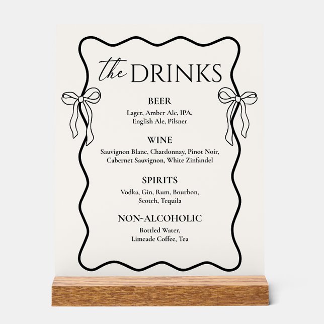 Black Bow Old Money Wedding Bar Drink Menu Acrylic Sign (Creator Uploaded)