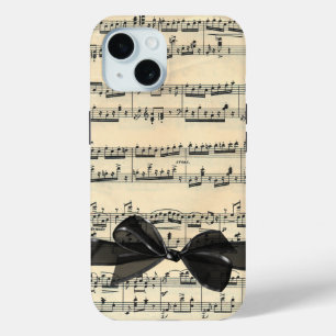 Black Bow On Vintage Sheet Music iPhone 15 Case