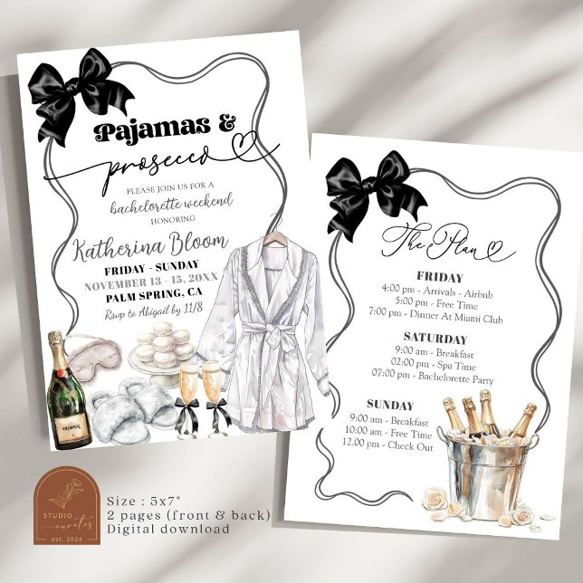 Black Bow Pajamas Prosecco Bachelorette Weekend Invitation (Creator Uploaded)