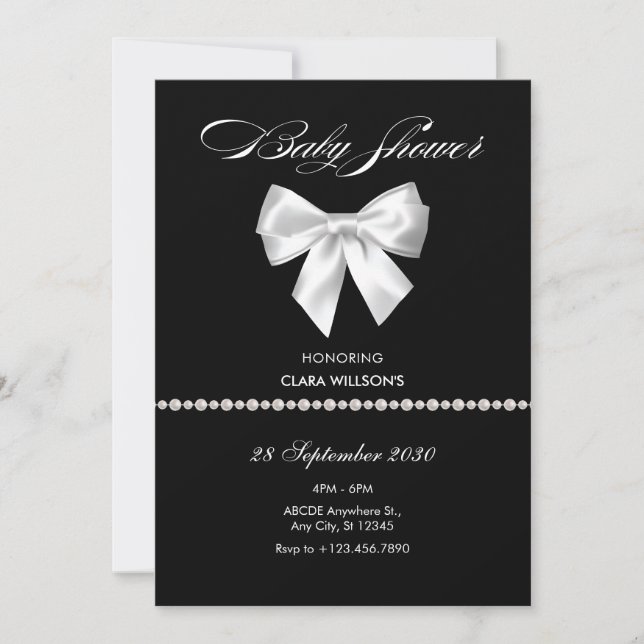 Black bow pearl baby shower invitation (Front)