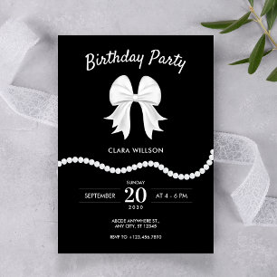 Black bow pearl birthday  invitation