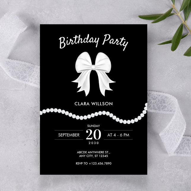 Black bow pearl birthday  invitation (Creator Uploaded)
