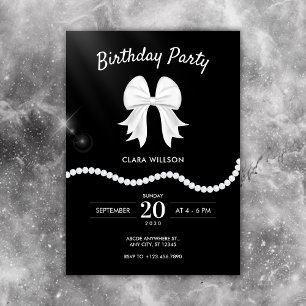 Black bow pearl birthday invitation