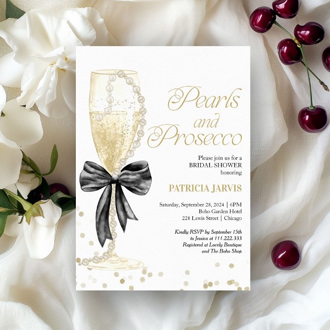 Black Bow Pearls and Prosecco Bridal Shower Invitation (Creator Uploaded)