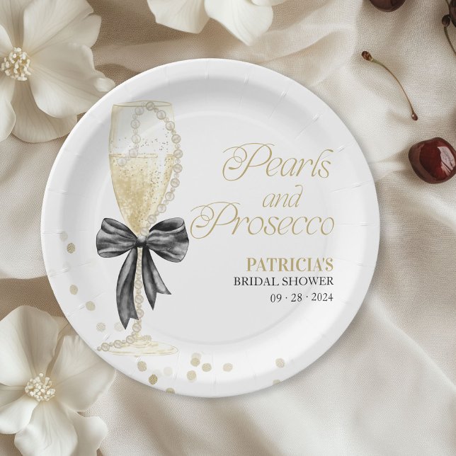 Black Bow Pearls And Prosecco Bridal Shower Paper Plates (Creator Uploaded)
