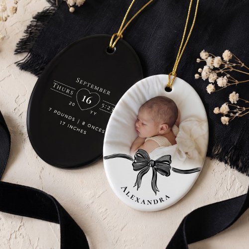 Black Bow Personalized Baby Name Photo Birth Stats Ceramic Ornament
