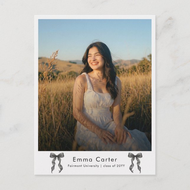 Black Bow Photo Graduation Invitation Postcard (Front)