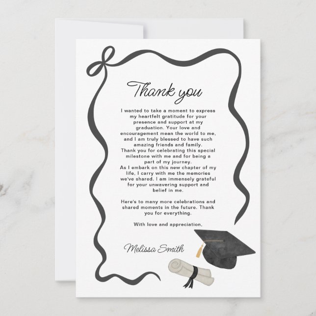 Black Bow Photo Graduation Thank You Card (Front)