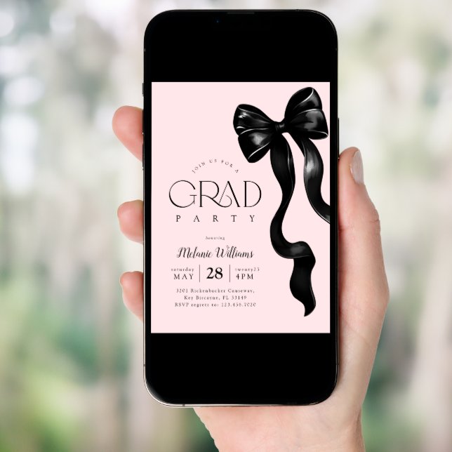 Black Bow Pink Grad Party Invitation (Front Digital)