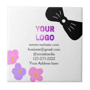 Black bow pink purple floral add logo biz details ceramic tile